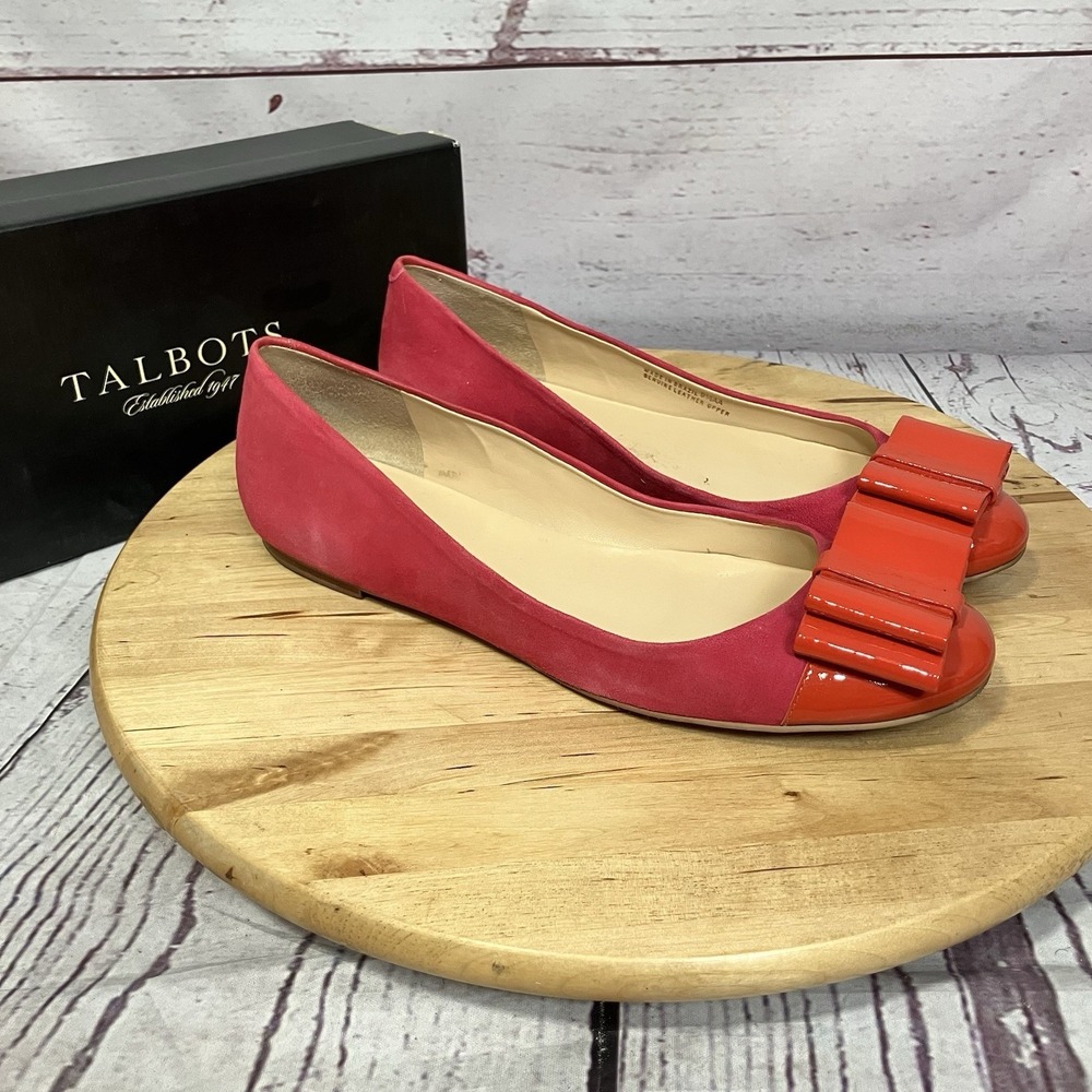 Talbots Lyla2 Bow Ballet Flats Red Suede Patent Cap Toe Women 9.5 Narrow